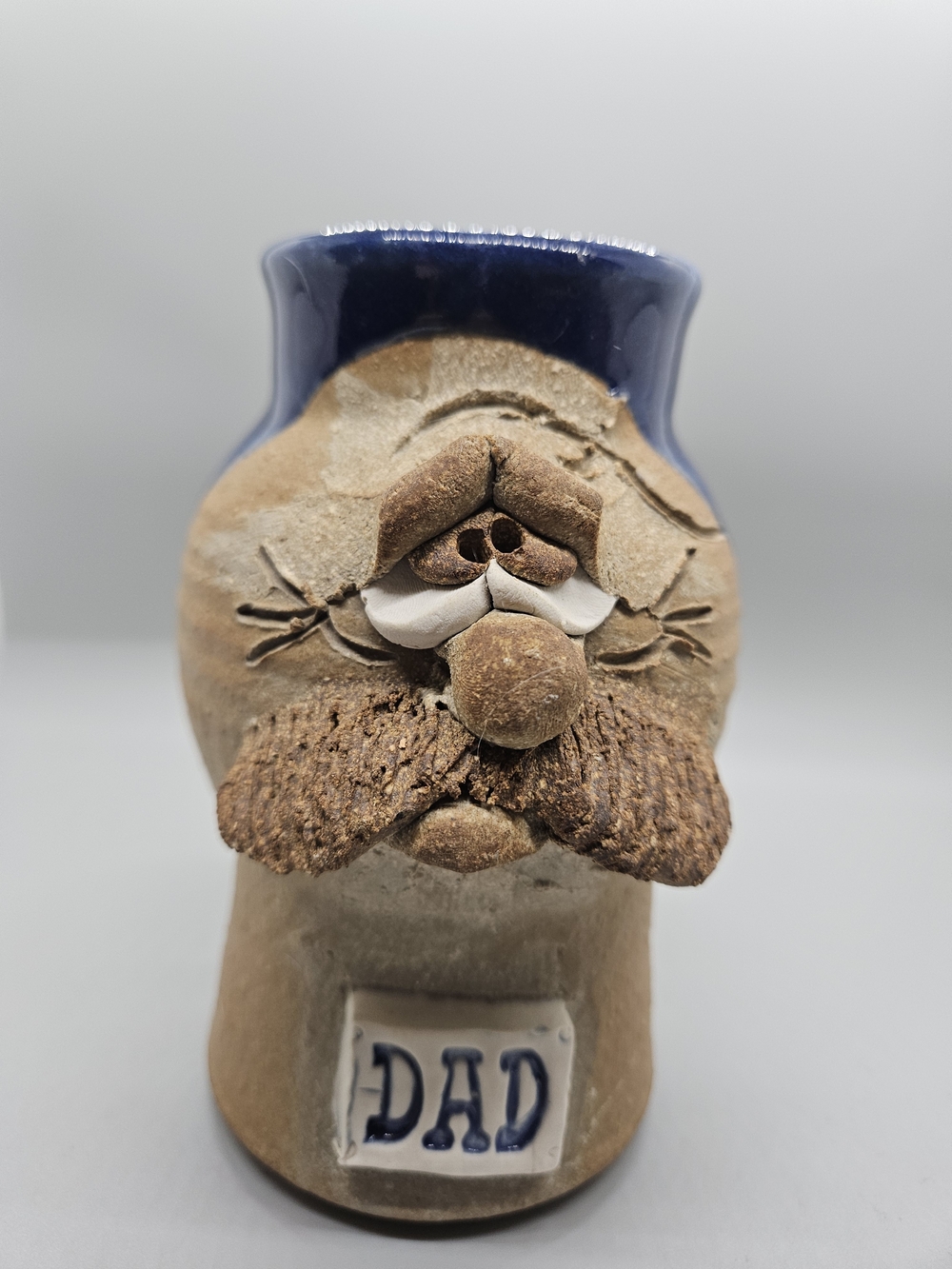 ​VTG Studio Pottery 3D Ugly Face Mug Dad Mustache Cobalt Blue Glazed Signed 6"